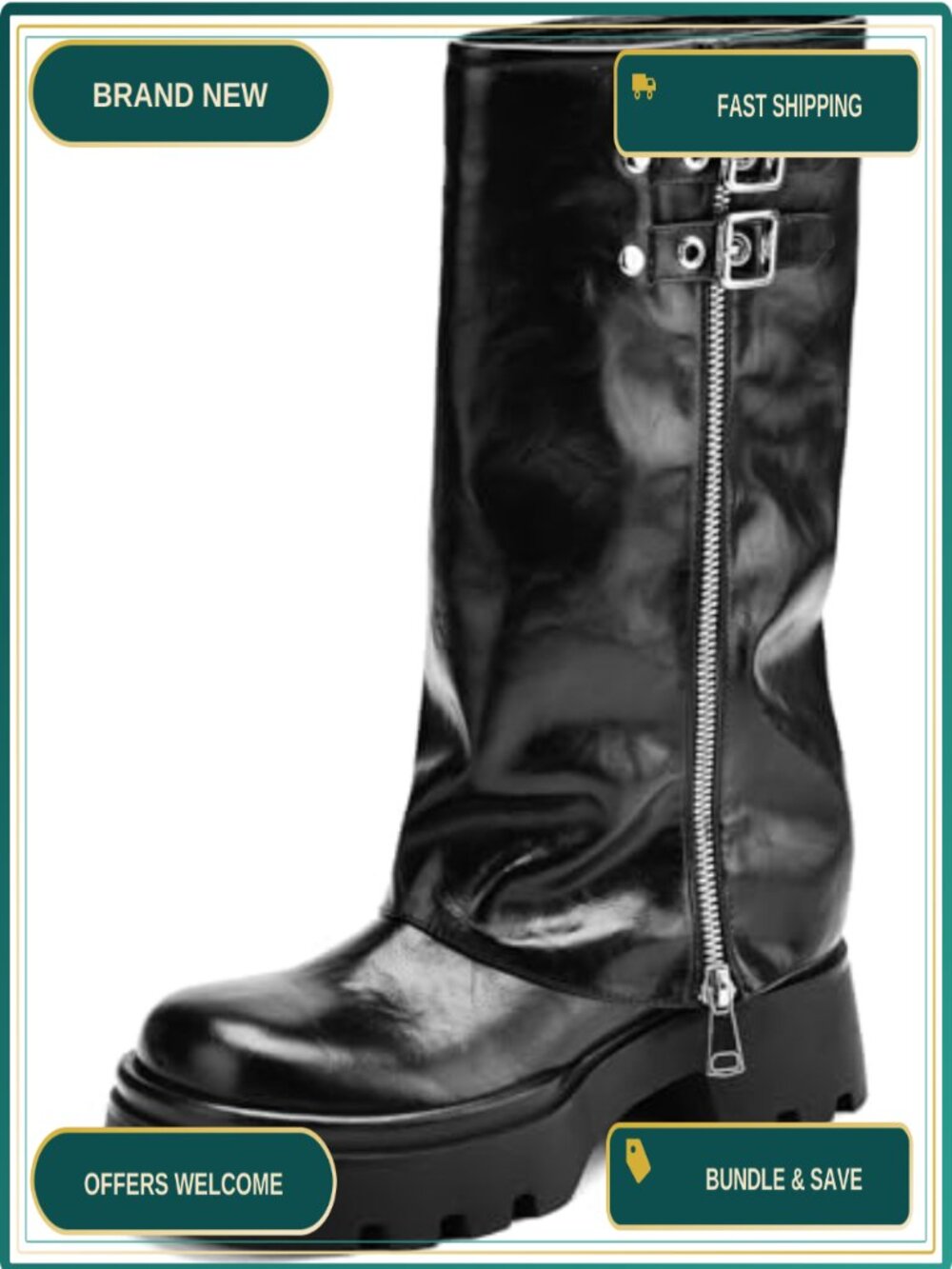 Women's Faux Leather Knee High Moto Riding Boots Block Heel